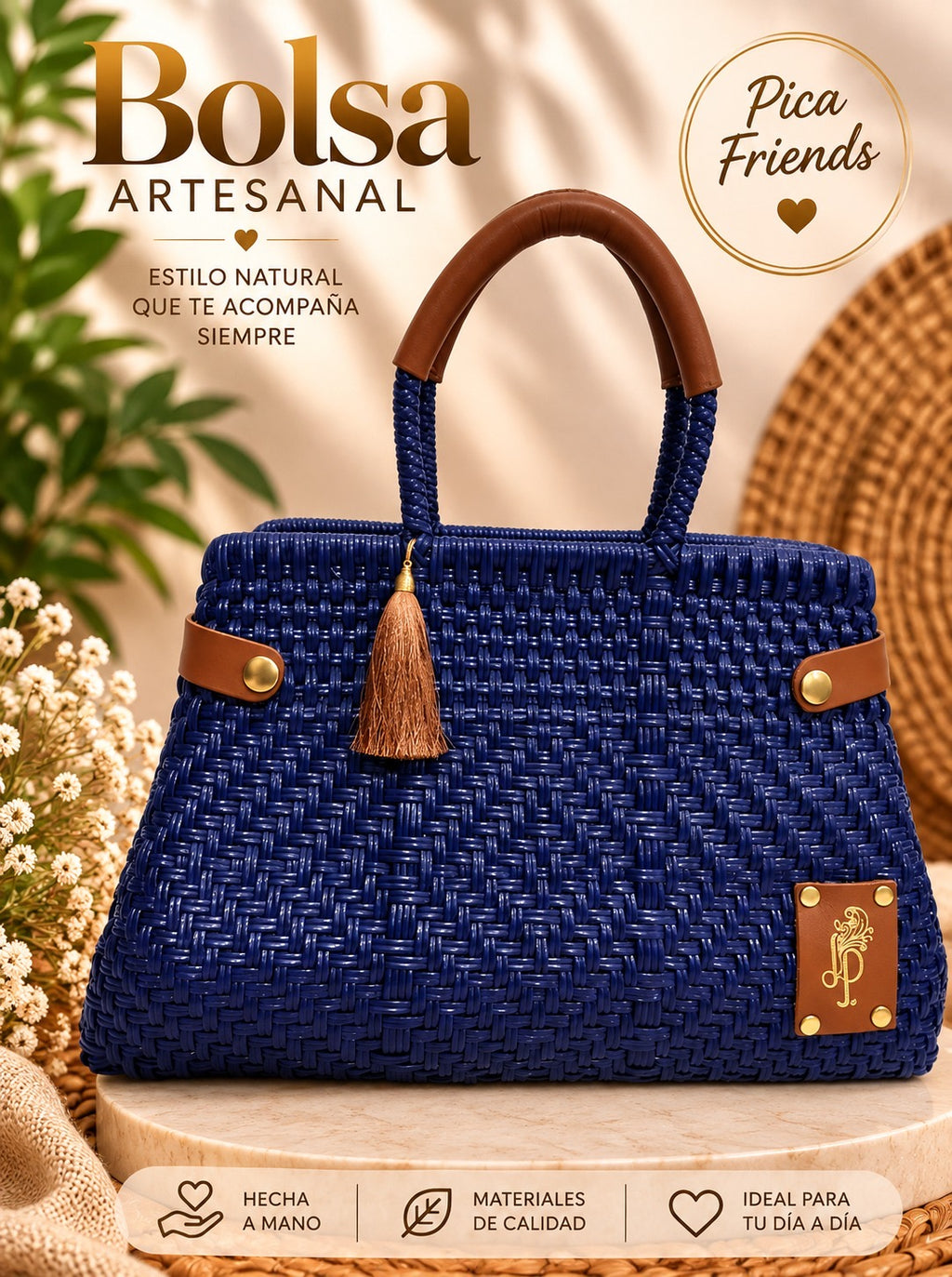 Z- Bolsa artesanal tipo Canasta color azul .