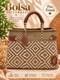 Z-Bolsa artesanal tipo canasta color hueso y oro .