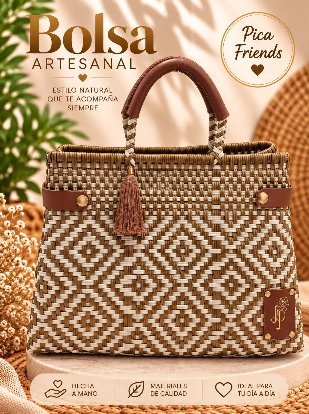 Z-Bolsa artesanal tipo canasta color hueso y oro .